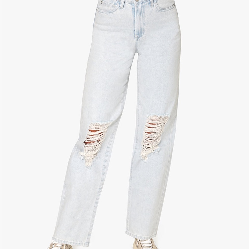 Mid Rise Distressed Straight Leg Jean